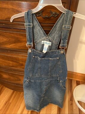 L.A. Blues Distressed Medium Blue Denim Asymmetrical Overall Skirt